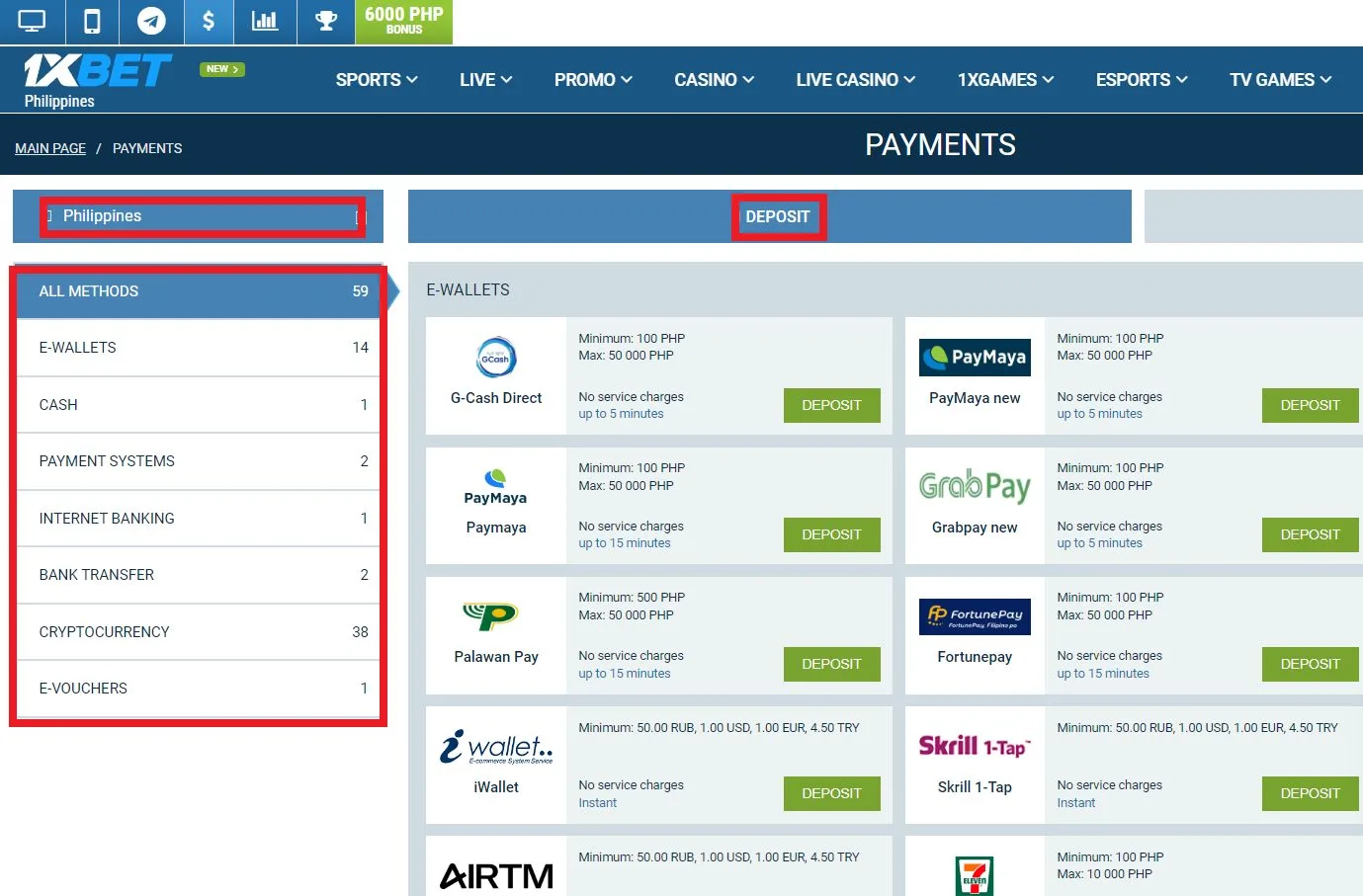 1xBet payment methods