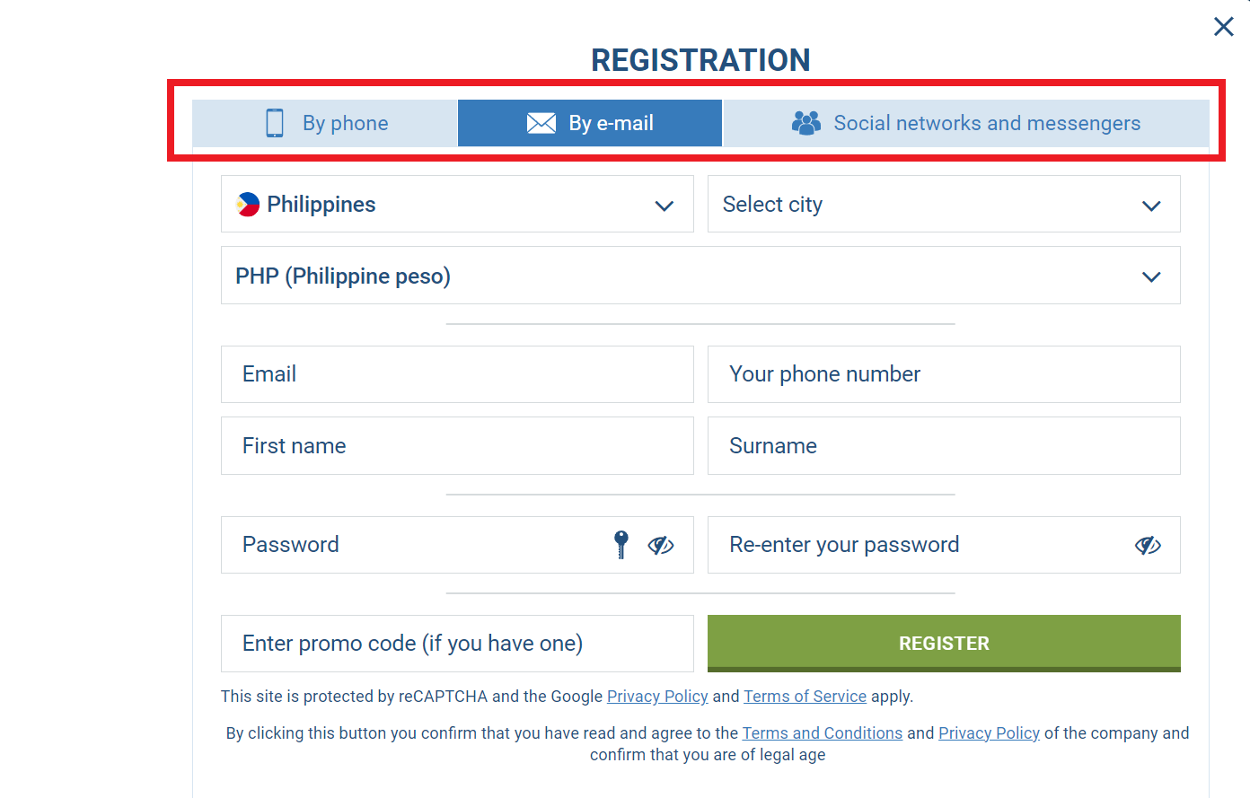 1xBet registration by email