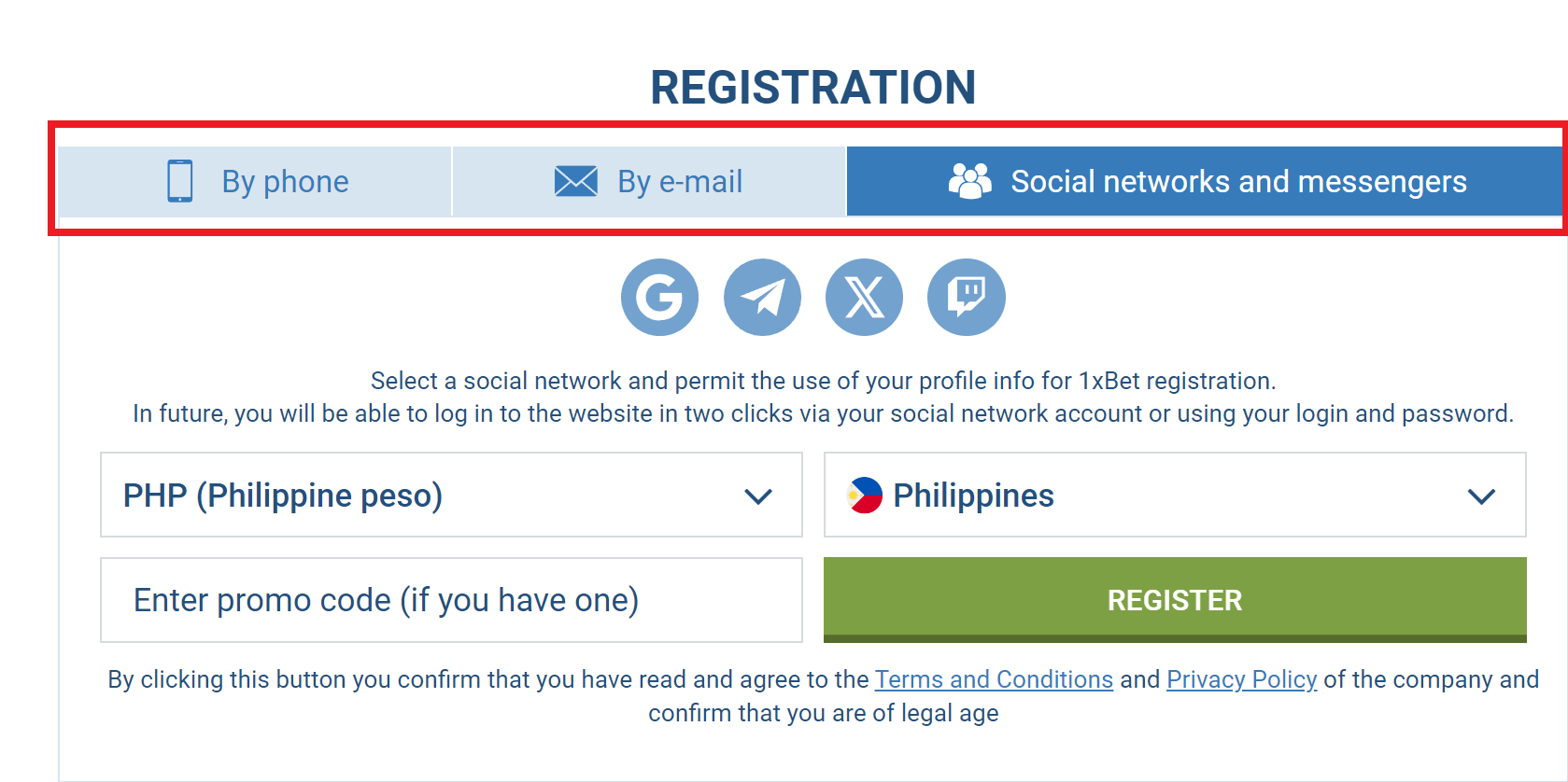 1xBet sign up via social networks